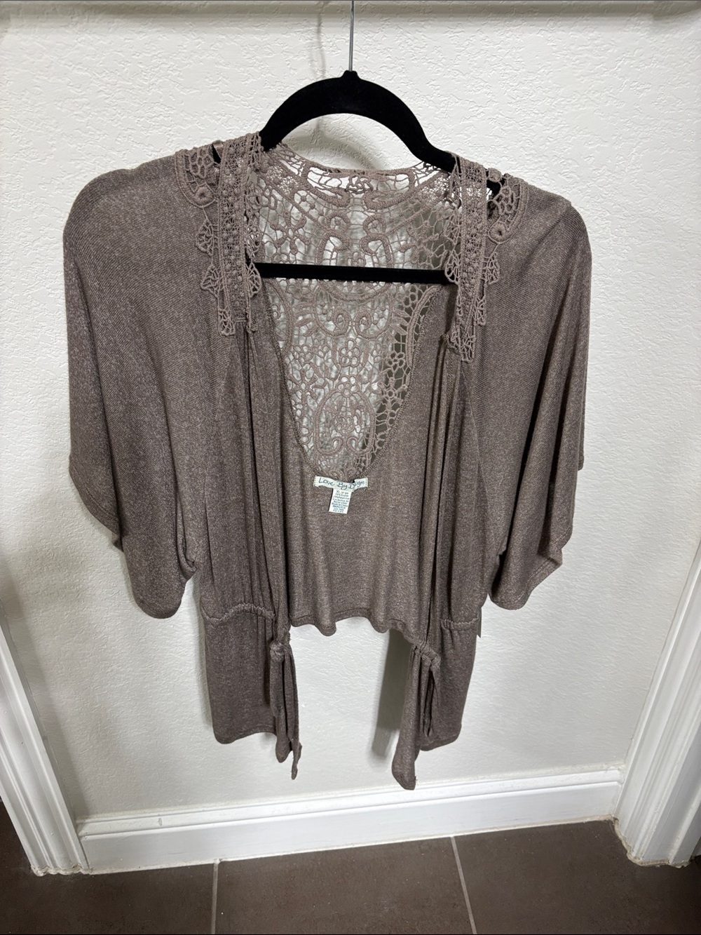 Love By Design Crochet-Back Open Cardigan in Taupe Brown